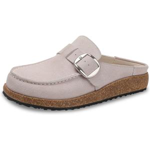 Women Suede Clogs Leather Mules for Women Cork Footbed Sandals Potato Shoes with Arch Support (10, Stone)