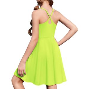 Zaclotre Girls Dresses with Romper Shorts and Pockets Summer Adjustable Spaghetti Straps Athletic Golf Tennis Dress for Kids (7-8 Years, Neon Green)