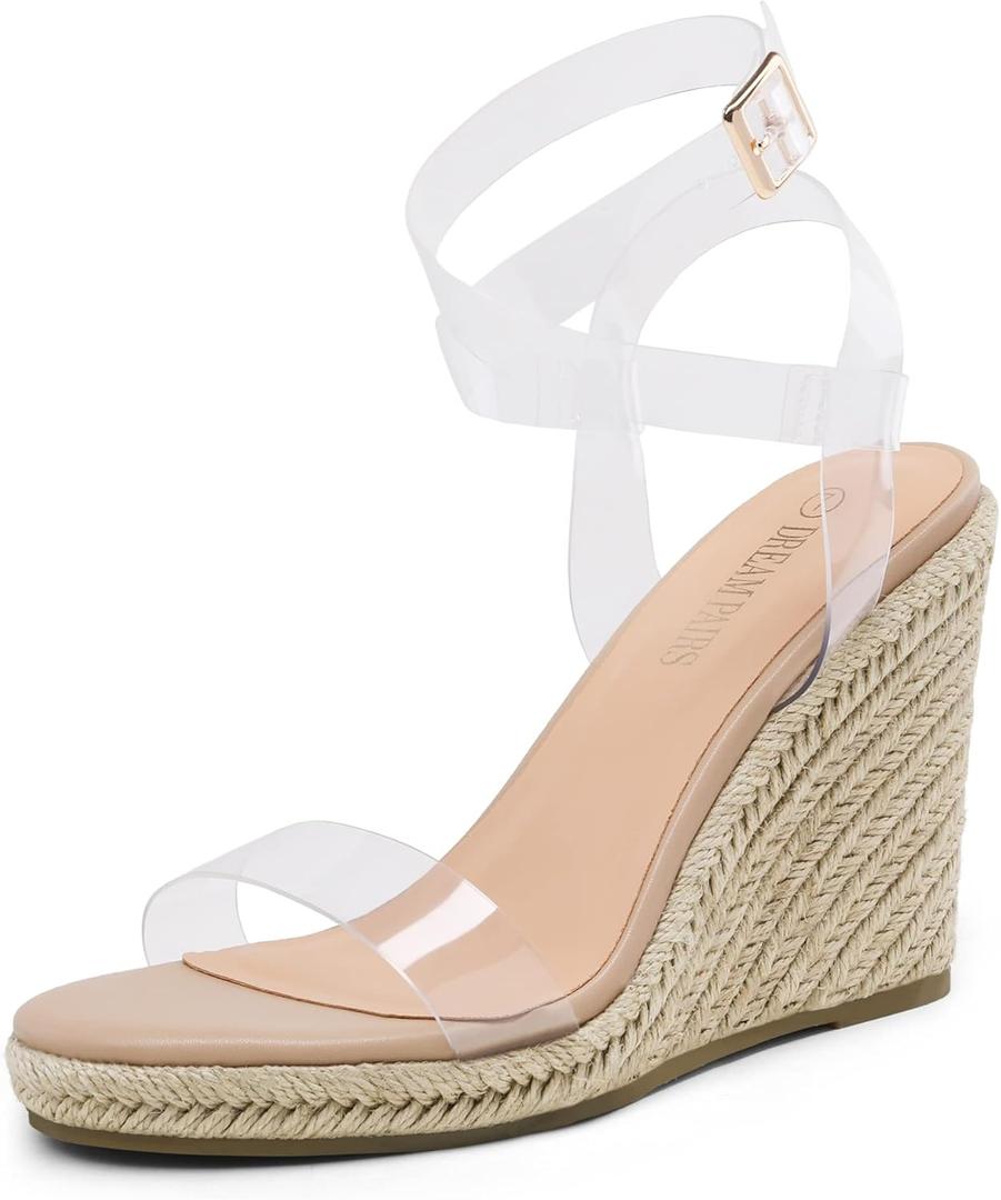 DREAM PAIRS Womens Open Toe Espadrilles Dressy Platform Sandals Buckle Ankle Strap Stylish Wedges Sandals (9, Clear/Nude/Pu)