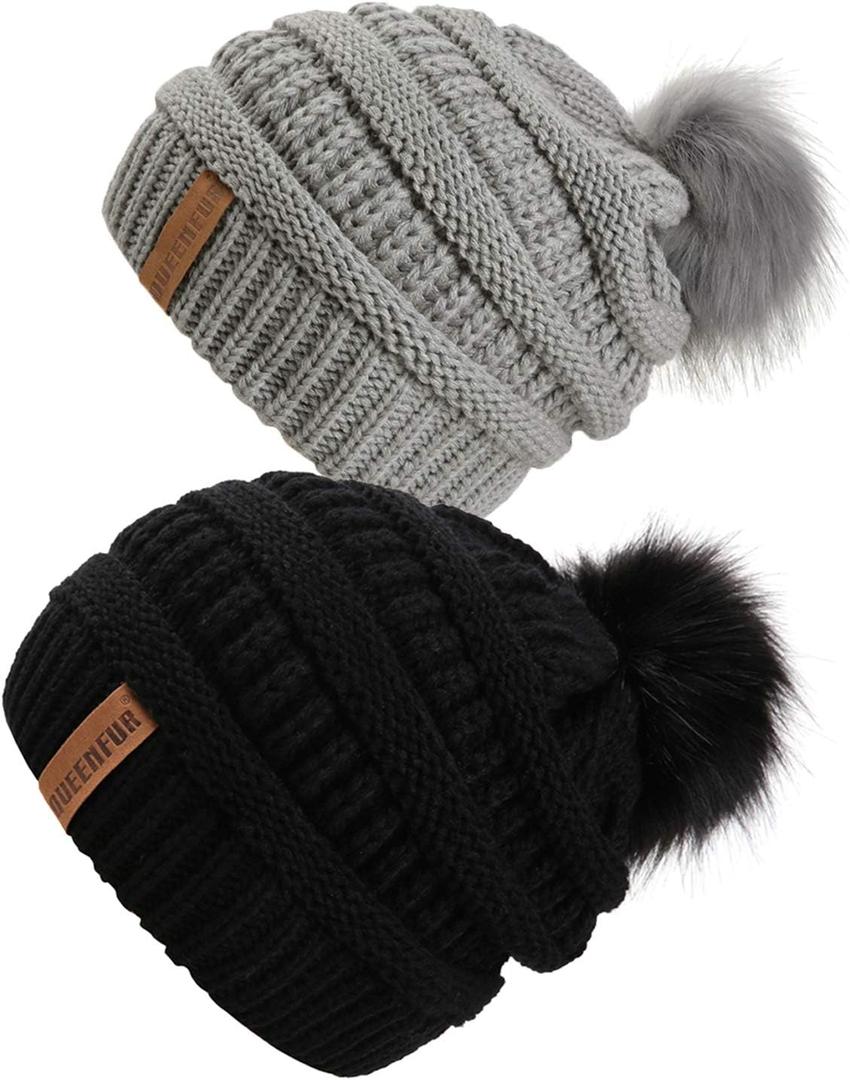QUEENFUR Women Knit Slouchy Beanie Chunky Baggy Hat with Faux Fur Pompom Winter Soft Warm Ski Cap (B2-black/Soft Grey 2pack)