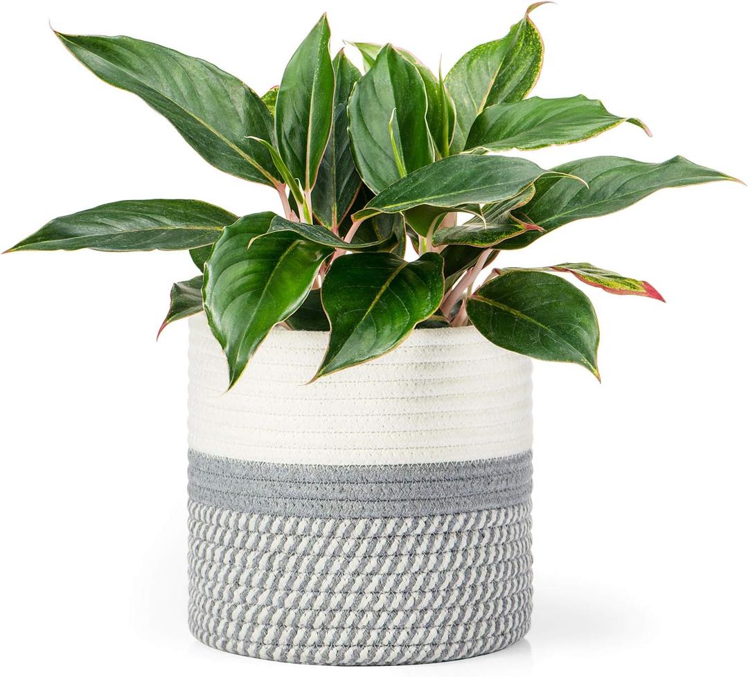 Dahey Jute Cotton Rope Plant Basket Mini Woven Storage Basket for Up to 7" Planter, Decorative Flower Pot Cover Closet Storage Bin Table Desk Organizer Modern Home Decor, Grey (Grey and White)