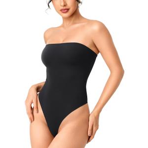 YEOREO Hyperflex Strapless Bodysuit Tube Top Off Shoulder Double Lined Thong Bodycon Slim Fit Summer Sexy Leotard (Medium, Black)