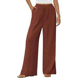 PRETTYGARDEN Summer Wide Leg Linen Pants Women with Pockets High Waist Drawstring Loose Casual Palazzo Lounge Pants Women L