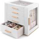 Homeanda Jewelry Box for Women with Glass Lid, 5 Drawers Jewelry Organizer and Storage for Necklaces, Rings, Earrings, Bracelets, Gift for Girls and Teens,PU Leather (White)