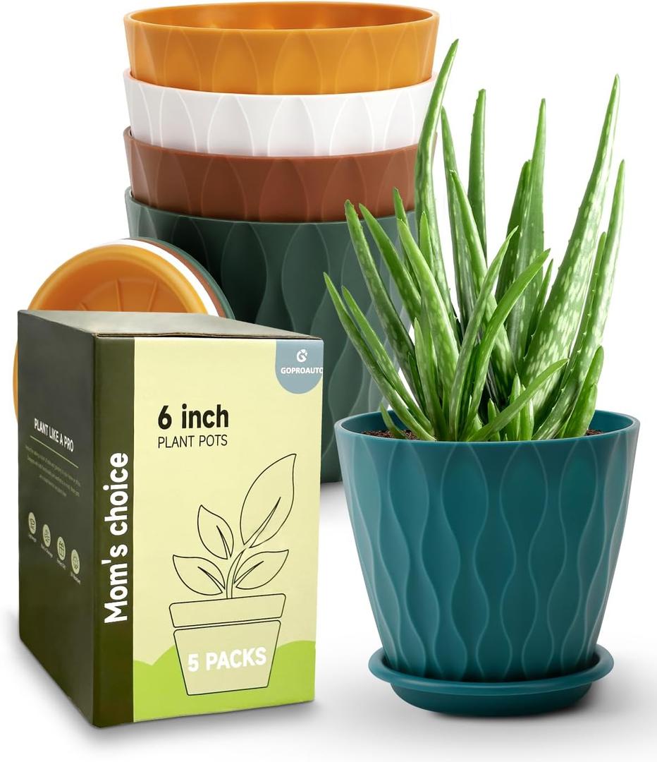 6 Inch Indoor Planter Pots with Drainage Hole and Tray Saucer,Flower Pots for Indoor Outdoor Garden Plants and Flowers, Multicolor, 5 Packs