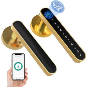 eLinkSmart Fingerprint Door Knob Lock, Smart Keyless Entry Door Lock with Code Keypad Handle, Biometric Electronic Security Locking Door Lever Locks for Bedroom Interior Indoor Room - Gold