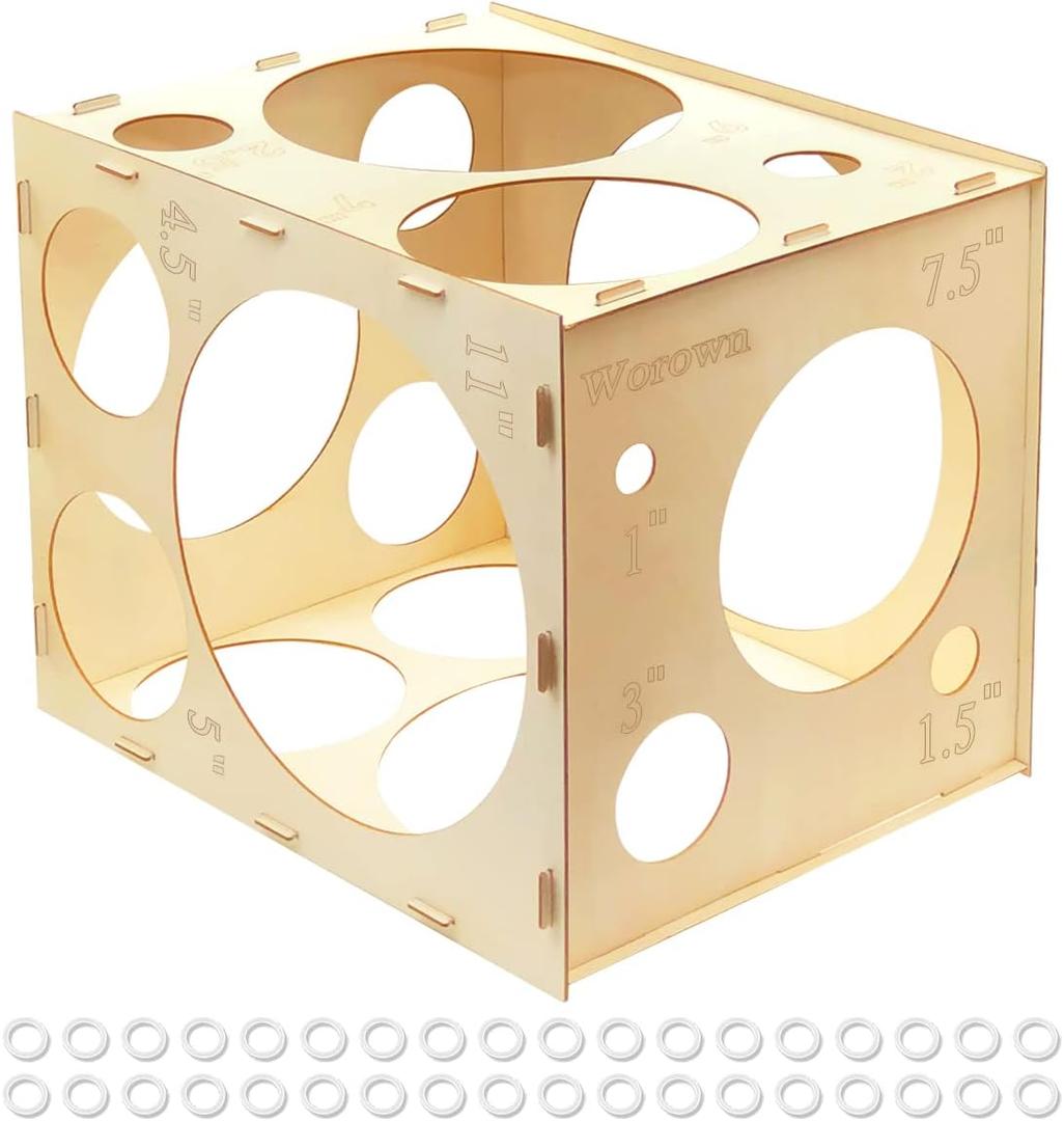 Worown 18 Holes Collapsible Wood Balloon Measurement Box, 1-12 Inch Sizer Cube, Measurement Tool for Decorations (Natural)