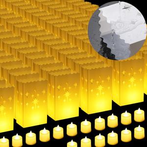 2025 New Waterproof 100 Pcs - Luminary Bags with Flameless Candles - Plastics Reusable Luminaries with Led Lights - Christmas Luminary Bags for Outdoors Birthday Wedding Thanksgiving Party Decor
