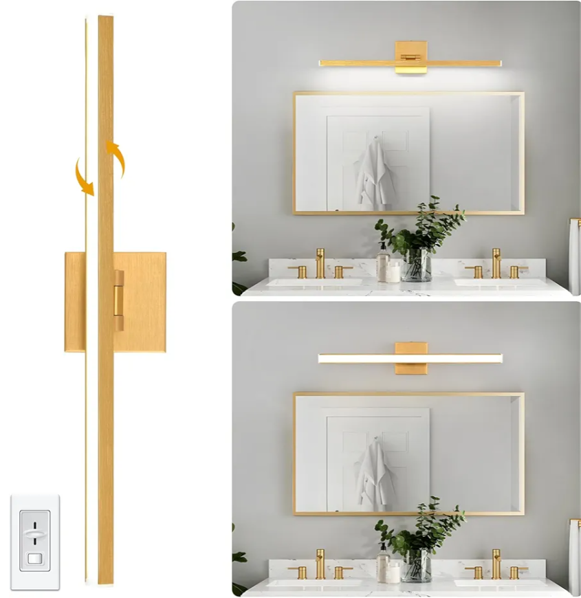 Gold Bathroom Vanity Light Fixtures - 24 inch Modern LED Brushed Gold Vanity Wall Sconce with 6000K White Light Brushed Bathroom Wall Sconce Over Mirror 18W for Bedroom Dimmable Rotatable