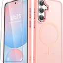for Samsung Galaxy S25 Case, Matte Magnetic Phone Case with 1 Screen Protector, Support for Magsafe, Translucent Frosted Shockproof Protective Cover for Samsung Galaxy S25, Pink