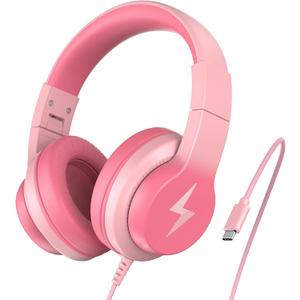 Kids Headphones for School, Upgrade USB C Headphones for Kids, Wired Headphone for Kid, HD Stereo Sound, Foldable Kid Over-Ear Headphone for Boys, Girls, PC, Tablets, Pink