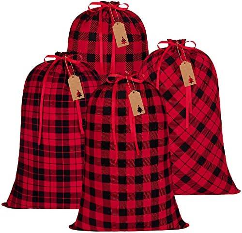 Aneco 4 Pack Big Christmas Buffalo Plaid Drawstring Gift Bags Red and Black Plaid Cotton Christmas Gift Bag Fabric for Xmas Game Party Supplies Santa Claus Backpacks, Extra Large Size 31.5 x 21.7 Inch