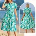 GRACE KARIN Womens Summer Floral Wedding Guest Dress 2026 Cotton Puff Short Sleeve Midi Shirt Dress Flowy Boho Sundresses with Pockets Belt Blue Green S