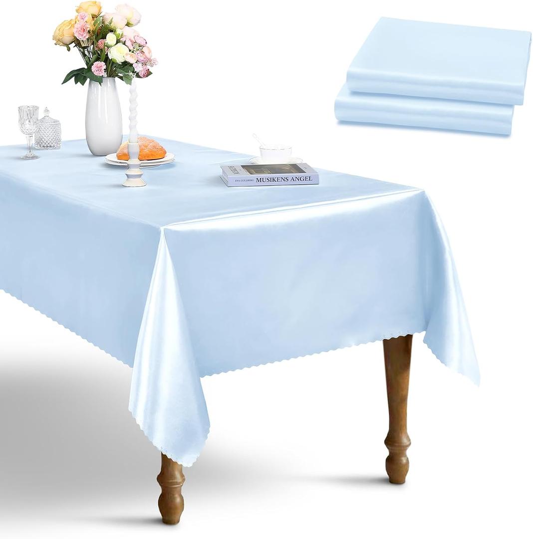 2 Packs Light Blue Satin Table Cloth 27" x 70"  Inch Rectangle Tablecloth, Washable Fabric Table Cover Decor for Buffet Table, Party, Wedding, Camping 