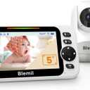 Blemil Baby Monitor with 30-Hour Battery, 5" Large Split-Screen Video Baby Monitor with Camera and Audio, 3500mAh Battery, Remote Pan/Tilt/Zoom Camera, Two-Way Talk, Night Vision, Lullabies, No WiFi