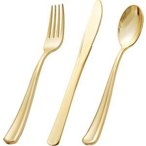 BUCLA 600 Pieces Gold Plastic Silverware - Disposable Gold Utensils - Heavyweight Plastic Cutlery set- 200 Forks, 200 Spoons, 200 Knives