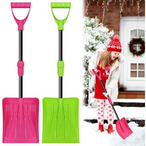 2 Pack Kids Winter Snow Shovel, Detachable Three-Part Rose Red & Green Plastic Kids Snow Shovel, Adjustable 27.5-35 inch with D-Grip Handle, Winter Toys Gifts for Boys Girls Playing (Rose red & Green)