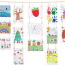 KLOGTSIND Kids Art Display Wall Decor, Wooden Beads Garland Frame Holder with 34 Clips for kids artwork, Photo, Wall Hanging Boho Room Bedroom Decor (Brown)