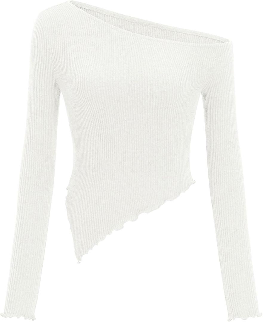 Zenlonr Womens Long Sleeve Shirts Fall Outfits 2025 Off The Shoulder Tops Asymmetrical Fitted Knit T Shirts Going Out Tops (Small)