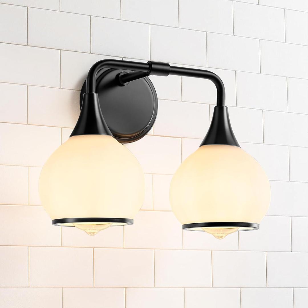 Black Bathroom Light Fixtures 2 Lights Vanity Lights with Milky White Frosted Glass Shade Bathroom Vanity Light 14 inch Wall Sconce Lighting Bath(Exclude E26 Bulb)
