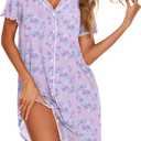 Ekouaer Cotton Nightgowns for Women Button Down Sleep Shirts Short Sleeve Night Gown Boyfriend Sleepwear Soft Night Shirts (Small, Purple Flowers)