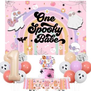 2 x Halloween 1st Birthday Decorations Girl - One Spooky Babe Backdrop, Cake Topper, High Chair Banner, Balloons, Halloween Retro Daisy Groovy Hippie Spooky One Birthday Party Decorations