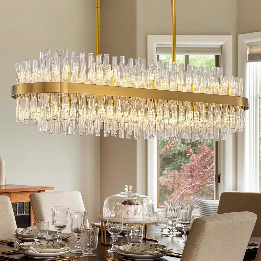 WECHAET 16-Light Modern Gold Rectangle Chandeliers for Dining Room Kitchen Island Light Fixture, 2 Tiers Wave Crystal Glass Chandelier for Living Room, L33.5''