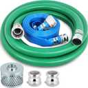 Heavy Duty 2" x 50' Blue PVC Discharge Hose & 2" x 20' Green PVC Suction Hose Pump Kit, Backwash Hose with Aluminum Camlock Fittings, Steel Round Strainer, Cam & Groove Adapter