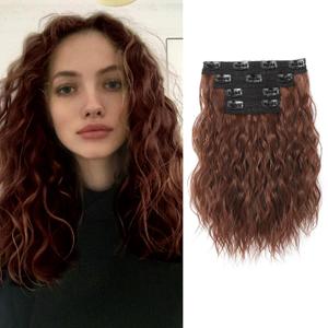 REECHO Clip in Hair Extensions - 4PCS 12" Short Curly Wavy Brown Hairpieces - Invisible Lace Weft - Natural Soft - Dark Copper