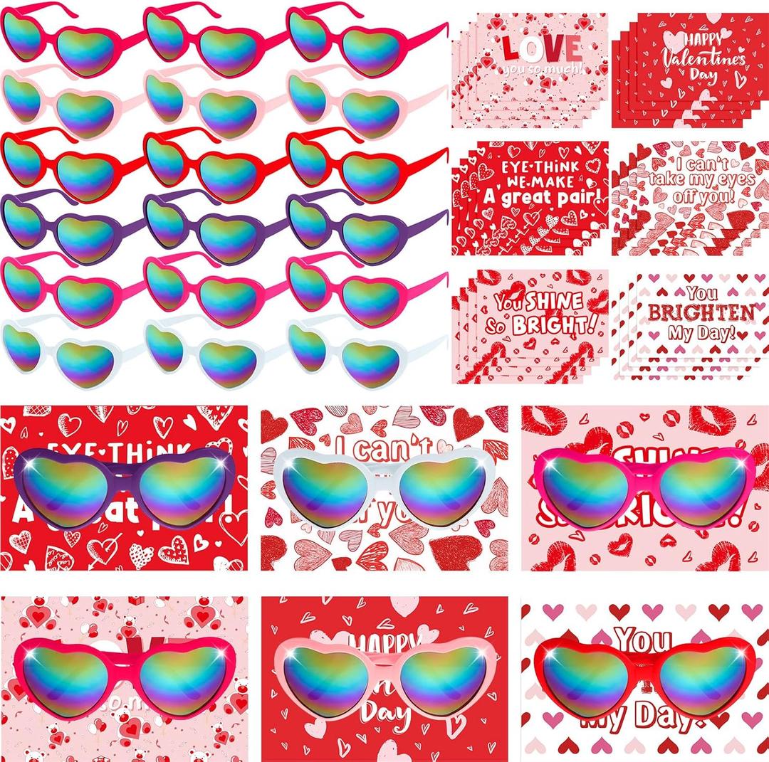 Kathfly 30 Sets Valentines Day Cards with Heart Sunglasses for Kids Valentines Party Favor Bulk Classroom Exchange Gift for Boys Girls