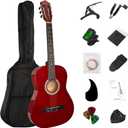 38in Beginner Acoustic Travel Guitar Basic Starter Kit Tuner Capo Strings Winders Strap Picks Pickguard with Gig Bag Starter Practice Guitar For Kids Teens Students Adults (Brown)