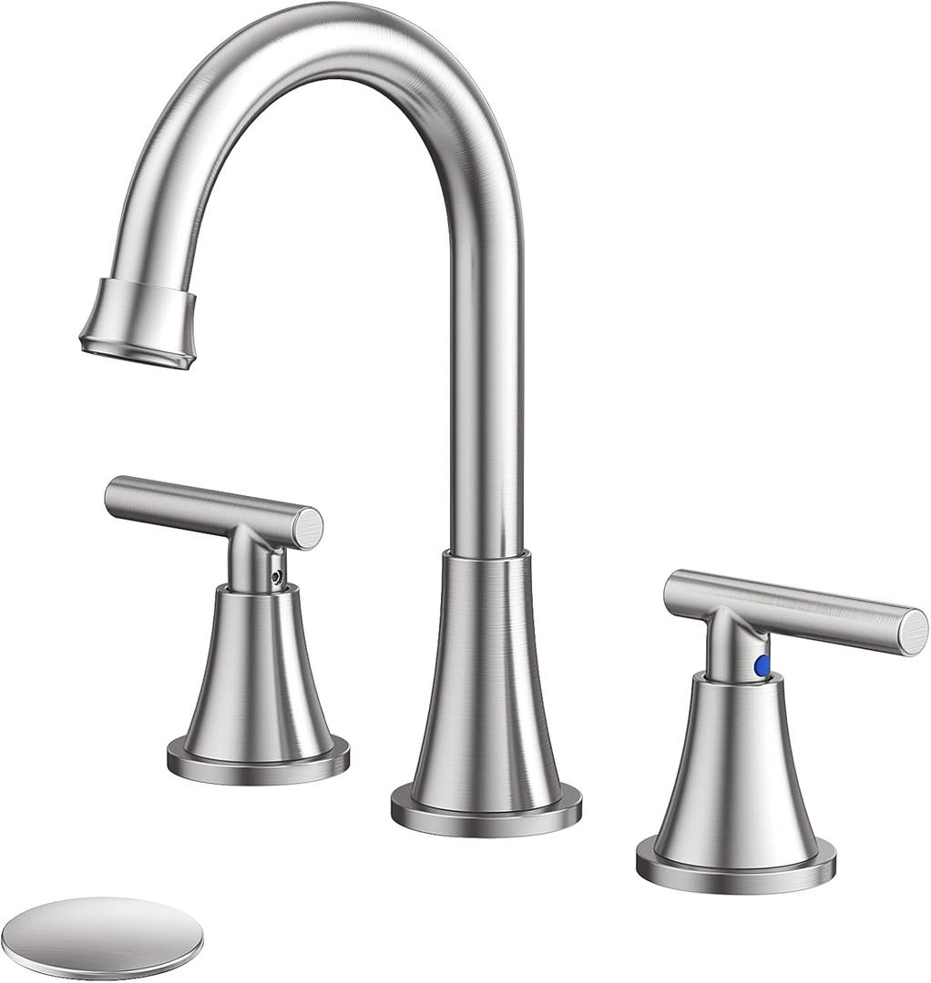 Bathroom Faucets for Sink 3 Hole, Hurran Brushed Nickel Bathroom Sink Faucet with Pop-up Drain and Supply Lines, Stainless Steel Lead-Free Widespread Faucet for Vanity RV Farmhouse Sink (8 Inch)