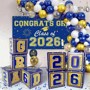 2 x Graduation Decorations 2026 Navy Blue and Gold Balloon Boxes, Class of 2026 GRAD Letters, Balloon Garland Kit, Congrats Grad Banner Photo Backdrop for High School & College Party Supplies