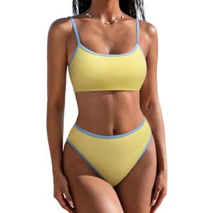 SUUKSESS Women High Waisted 2 Piece Bikini Set Cheeky High Cut Bandeau Swimsuit (Medium, 61 Yellow Sky Blue)