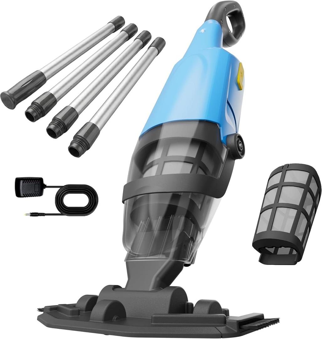 Handheld Pool Vacuum for Above Ground Pool,18GPM Powerful Suction Cordless Pool Vacuum for Inground Pools,4-Section Poles / 60Mins Runing & Lightweight Rechargeable Pool Cleaner Vacuum for Spa Hot Tub (Blue)