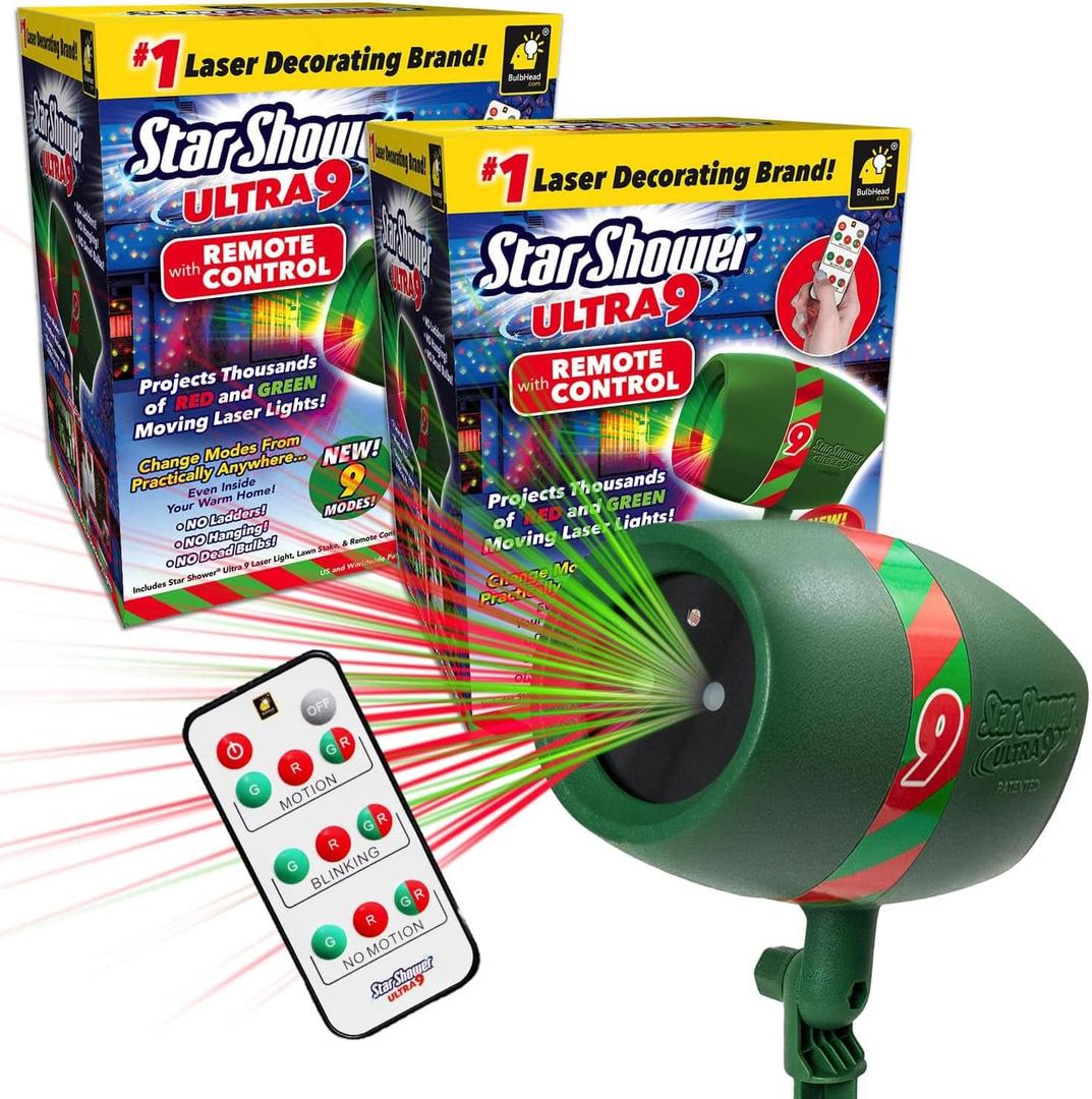 Star Shower Ultra 9 Outdoor Christmas Laser Holiday Projector with Remote, 2 Pack, w/ 9 Unique Patterns, Showers Home w/Thousands of Lights, 3 Color Combinations, Up to 3200 Sq Ft