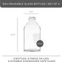 JoyJolt Glass Milk Bottles with Lids and Pourer 64 Oz, 3 Pack Airtight Heavy Duty Reusable Glass Bottles, Leakproof, BPA-Free, Food Grade, Dishwasher Safe Jug, Pitcher for Milk, Juice, and Water