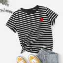 SweatyRocks Women's Heart Striped T Shirt Short Sleeve Shirt Crew Neck Casual Tee Top (Black, M)