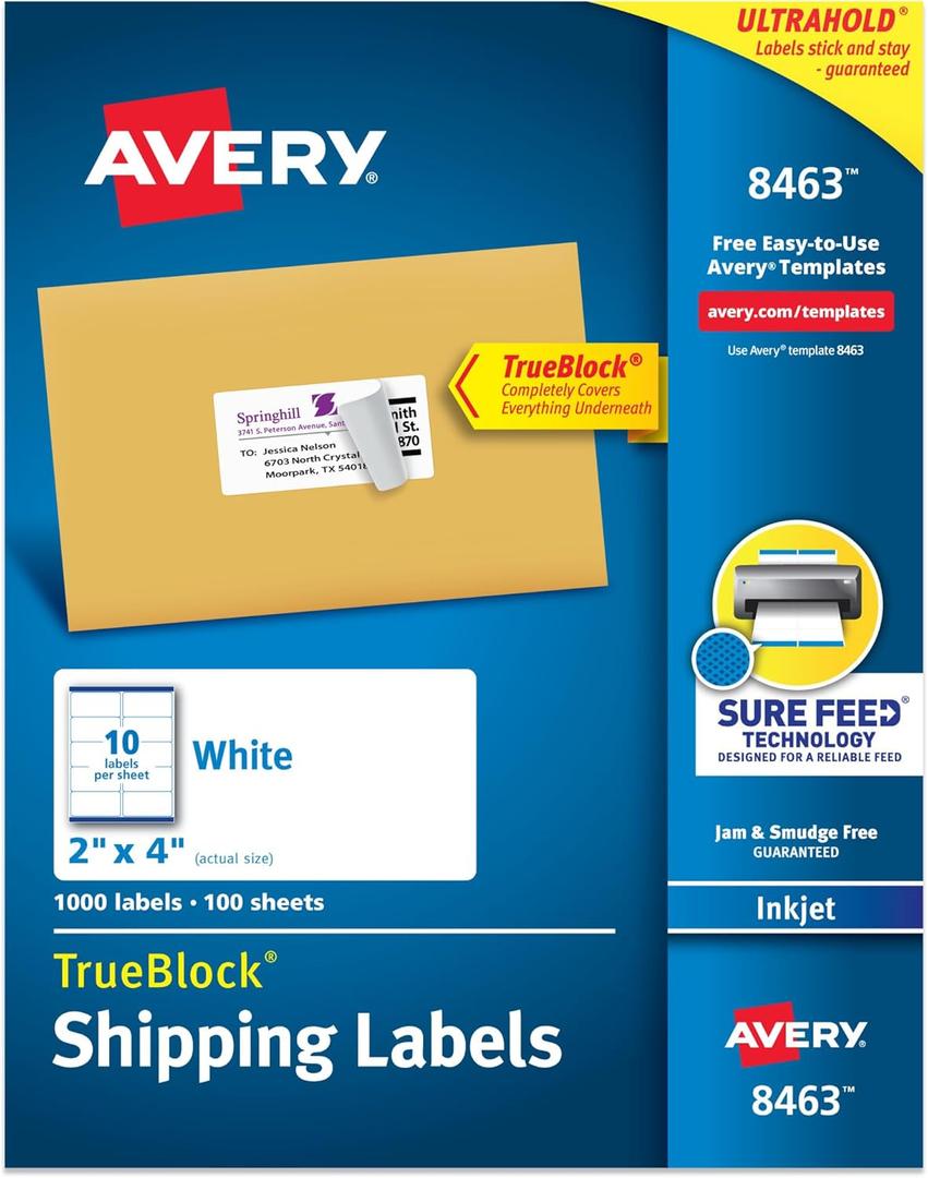Avery Printable Shipping Labels with Sure Feed, 2" x 4" Customizable Stickers, White, 1,000 Blank Mailing Labels, Great for Mailing, Shipping, and More (8463)