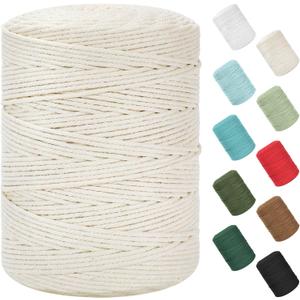 Macrame Cord 3mm x 380Yards (1140Feet), Natural Cotton Macrame Rope - 4 Strands Twisted Macrame Cotton Cord for Wall Hanging, Plant Hangers, Crafts, Gift Wrapping and Wedding Decorations, Beige