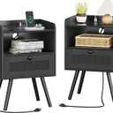 SUPERJARE Nightstands with Charging Station, Bedside Table Set of 2 with Texilene Surface Drawers, Rattan Side Table with Storage & Solid Wood Feet, End Table for Bedroom, All Black