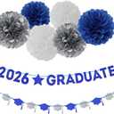Navy-Blue White-Silver Party-Decoration Graduation Banner - 8pcs Kits Cap Garland Streamers, Paper Tissue Pom Poms Flowers, 2026 Craduate Banner Congratulations Grad Decor Lasting Surprise