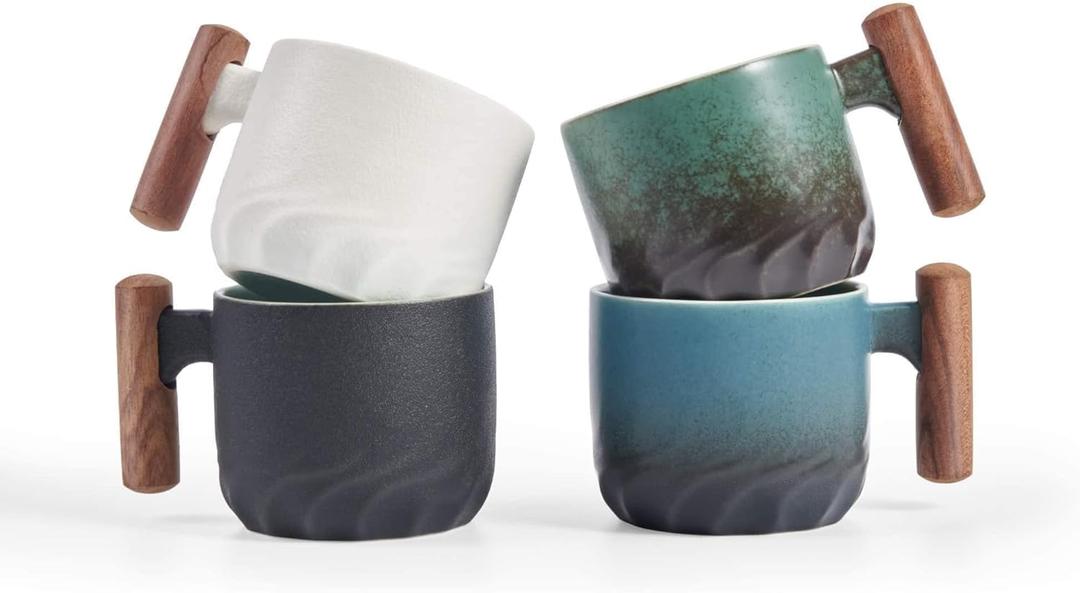 Ceramic Espresso Cups with Wooden Handle Espresso Shot Cups Ceramic Tea Cups Porcelain Demitasse Cups for Coffee or Tea, 3oz (Mixed, 4)