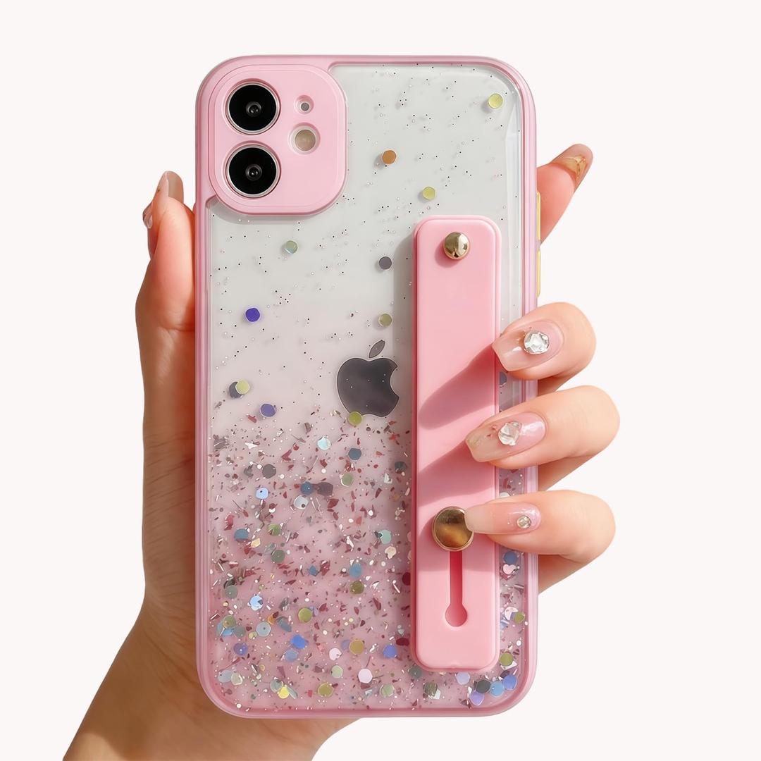 siduater Strap Holder Case for 6.1" iPhone 11 with Convertible Stand, Bling Glitter Sparkle Clear Case Soft TPU Bumper Adjustable Finger Grip Loop for iPhone 11 6.1 Inch, Pink