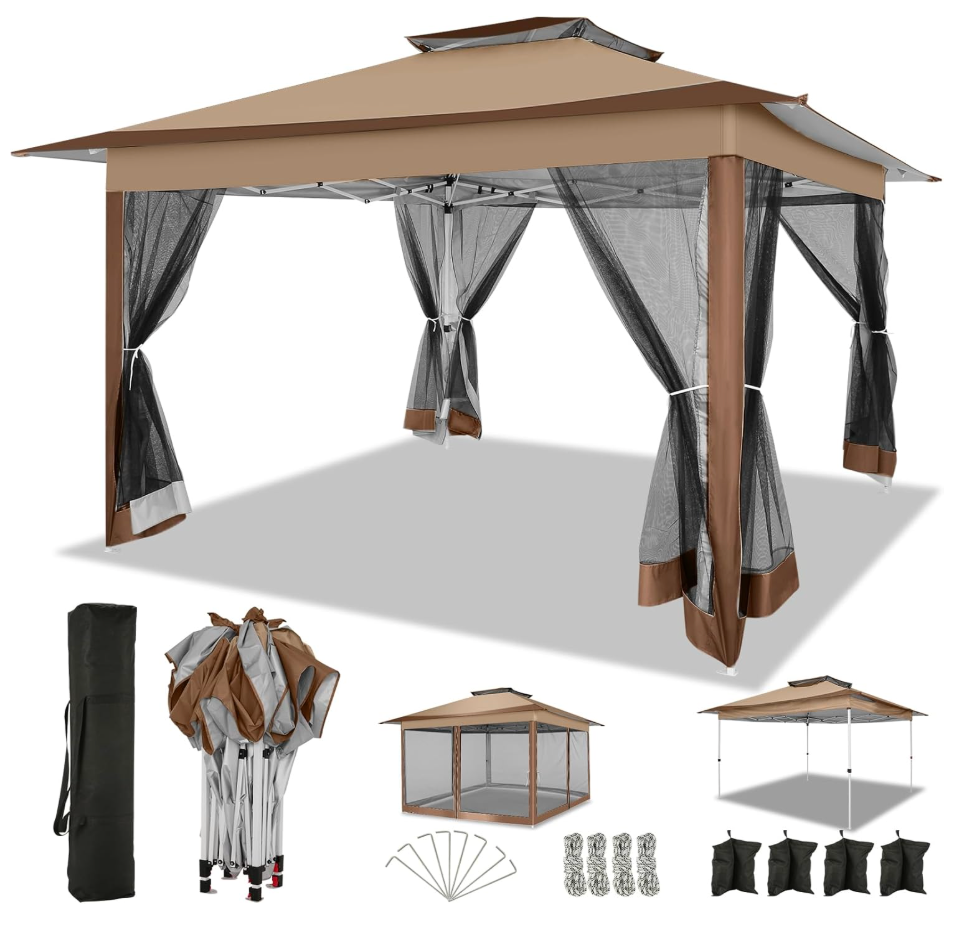 COBIZI 12x12 FT Pop up Gazebo on Clearance Canopy Tent, Carpas para Patio, Easy up Outdoor Canopy Tents with Portable Storage Bag for Backyard, Outdoor Waterproof Gazebos for Garden,Camping, Brown