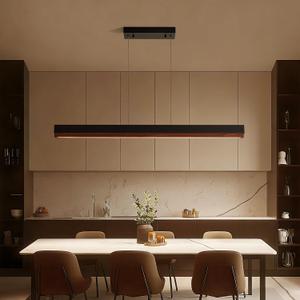 39" Wood Linear Pendant Light, 24W LED Hanging Pendant Light, Dimmable Kitchen Island Lighting with Remote, Adjustable Linear Chandelier for Dining Room, Kitchen Island, Bar, Office-Walnut, 39in