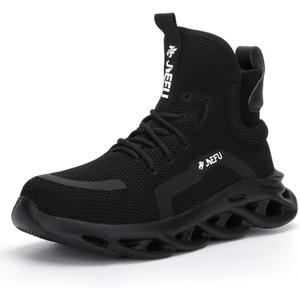 XUNRUO Work Safety Boots for Men and Women Steel Toe Lightweight Breathable Pull on Construction Boots (12.5 Women/11 Men, Black)