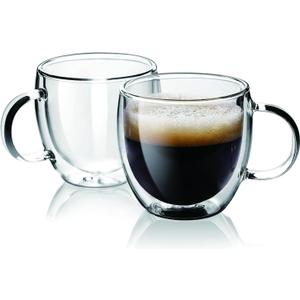 Espresso Cups Set Of 2, Double Walled Glass Coffee Mugs with Handle,Insulated Layer Coffee Cups,Clear Borosilicate Glass Mugs,Perfect for Cappuccino,Tea,Latte,Espresso (5oz-2Pack)
