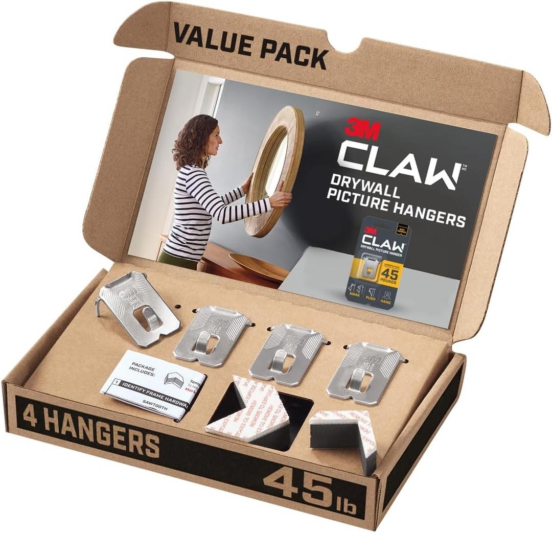3M CLAW(TM) 45 lb. Drywall Picture Hanger With Spot Markers, Heavyweight Hanging Solution for Room Decor and Office Decor, Including Mirrors or Large Art  4 Count (Pack of 1)