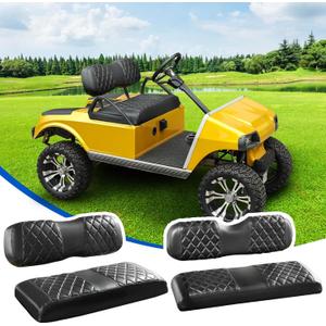 NOKINS 4PCS Golf Cart Diamond Seat Covers Kit, Front and Rear Seat Covers Fits Club Car DS 2000.5-Up Standard Seat Cushion, Club Car DS Vinyl Seat Covers Accessories(Black&Black Stitching)